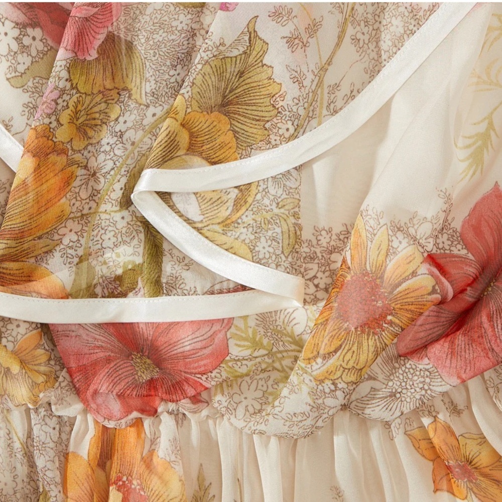 J Peterman Chiffon Ruffle Dress 12 Floral Feminine Tiered Empire Waist Romantic - Picture 5 of 15